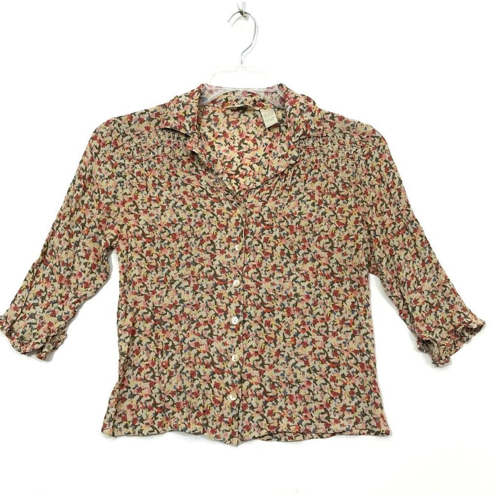 J Jill Crinkle Button Front Blouse Womens Sz 8 Muted Abstract Floral 3/4 Slv